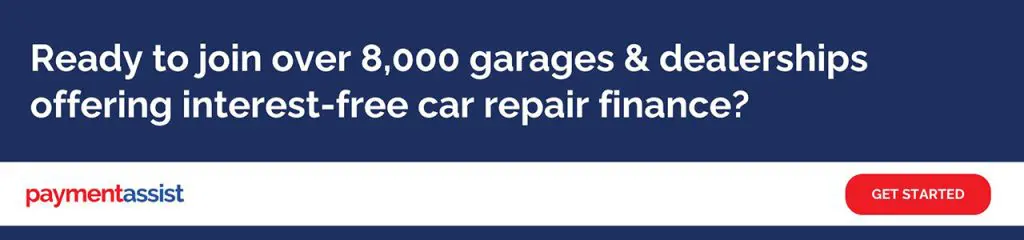 Ready to join over 8,000 garages & dealerships offering interest-free car repair finance: A Payment Assist banner advertisement on a dark navy background asking "Ready to join over 8,000 garages & dealerships offering interest-free car repair finance?" with the Payment Assist logo and a red "Get Started" button.