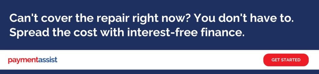 a call to action banner reading 'can't cover the repair right now. You don't have to. Spread the cost with interest free finance'