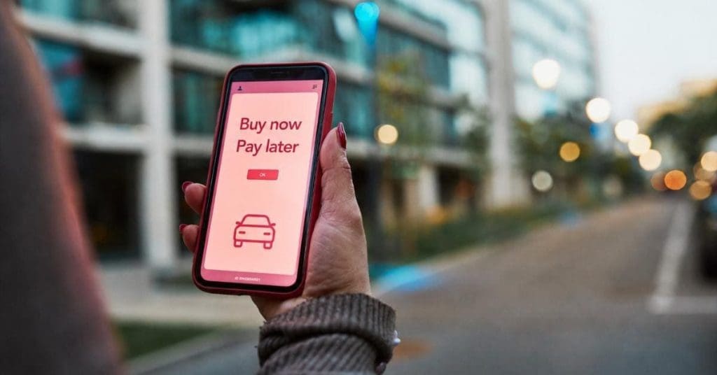 New BNPL rules July 2026 explained: A woman holding a red smartphone outdoors showing a "Buy now Pay later" screen with an OK button and a car icon, with blurred city buildings behind.