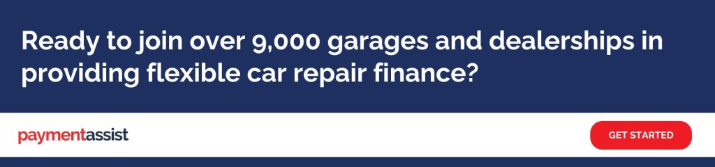 Ready to join over 9000 garages and dealerships in providing flexible car repair finance A banner with a navy blue background displaying the text "Ready to join over 9,000 garages and dealerships in providing flexible car repair finance?" above the Payment Assist logo and a red "Get Started" button.