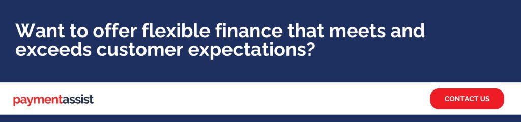Want to offer flexible finance that meets and exceeds customer expectations A banner with a navy blue background displaying the text "Want to offer flexible finance that meets and exceeds customer expectations?" above the Payment Assist logo and a red "Contact Us" button.