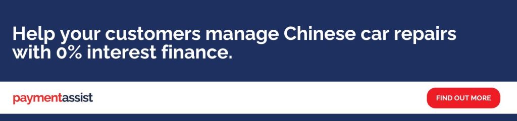 a call to action image reading: Help your customers manage Chinese car repairs with 0% interest finance