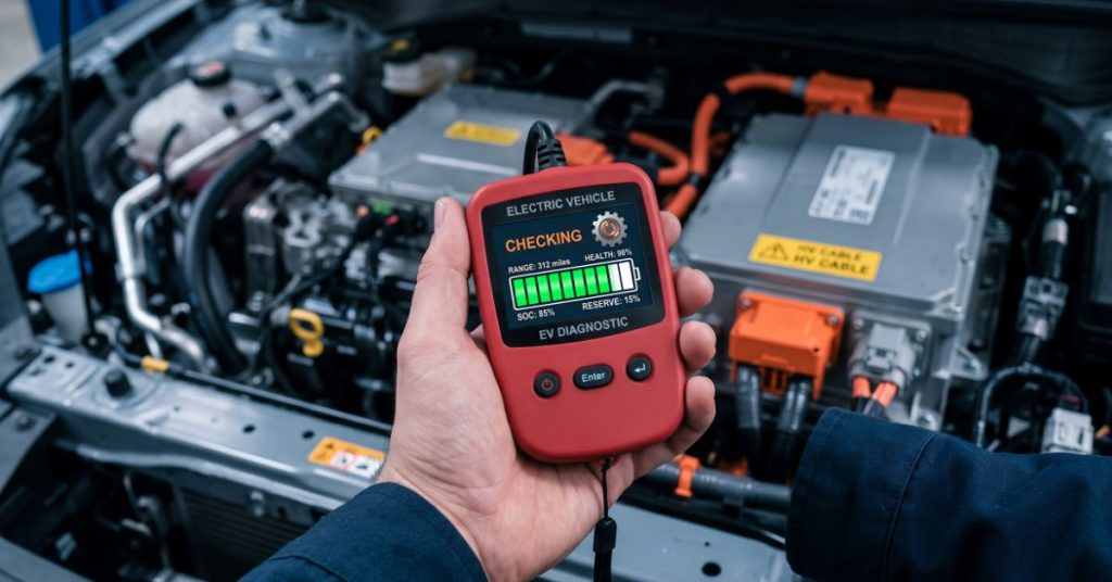 common car repairs that fall outside car insurance: A hand holding an electric vehicle battery checker over an open electric car engine bay