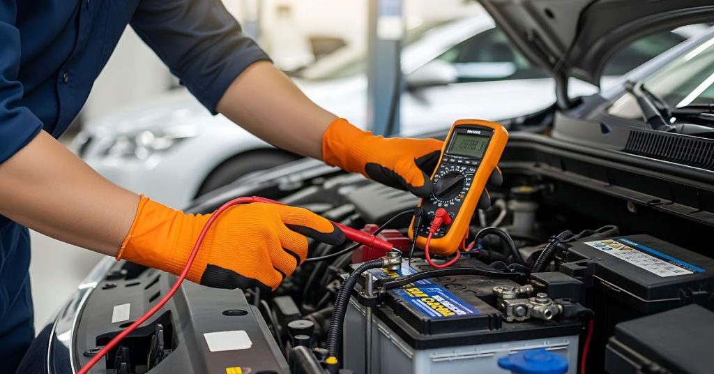 what car repairs arent covered by insurnace UK: someone in orange gloves checks a car battery using a battery checker