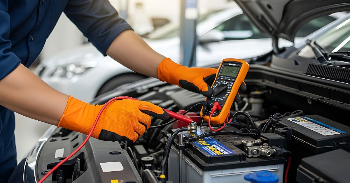 what car repairs arent covered by insurnace UK: someone in orange gloves checks a car battery using a battery checker