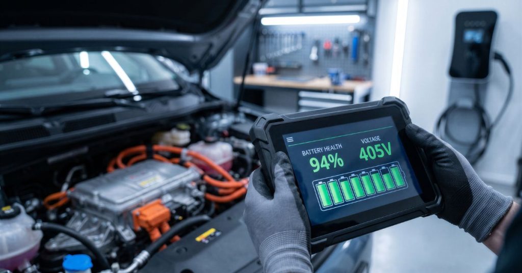 when drivers have to pay for repairs out of pocket: a battery check taking place on a tablet