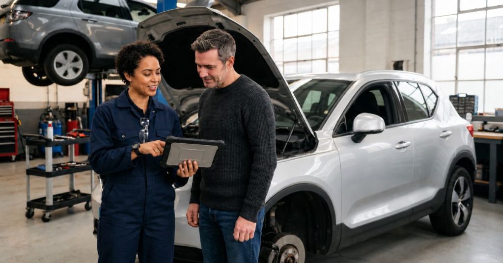 Are Garage Reviews Trustworthy: A female mechanic in blue overalls and a male customer looking together at a tablet in a garage workshop, with a grey SUV raised on a lift and a white SUV with its bonnet open behind them.