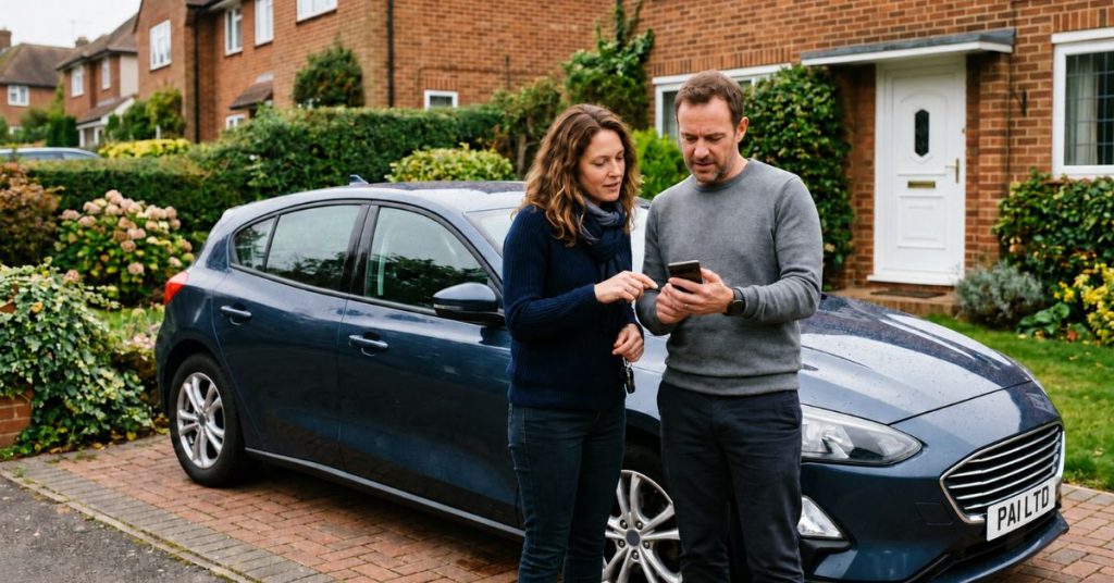 How to Choose the Right Garage: A woman handing over car keys to a man on a driveway beside a dark blue hatchback, with a brick house and front garden in the background.