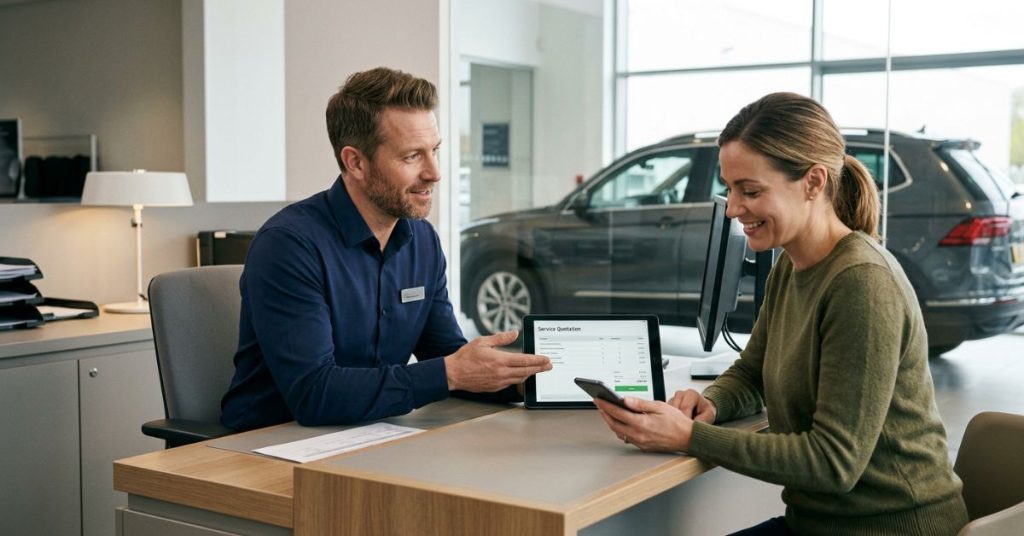 Independent Garages Vs Main Dealers: A male service advisor showing a tablet displaying a “Service Quotation” to a smiling female customer at a dealership reception desk, with a dark SUV visible through the window behind them.
