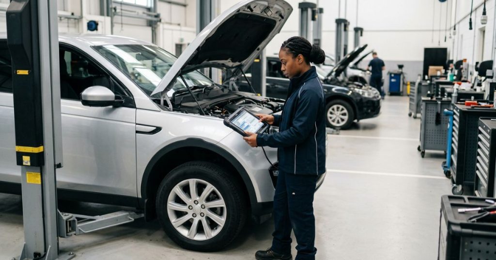 car servicing options for dealerships: A female mechanic with braided hair examining a car’s engine while holding a diagnostic tablet, with other vehicles on lifts and a colleague working in the background of a large workshop.