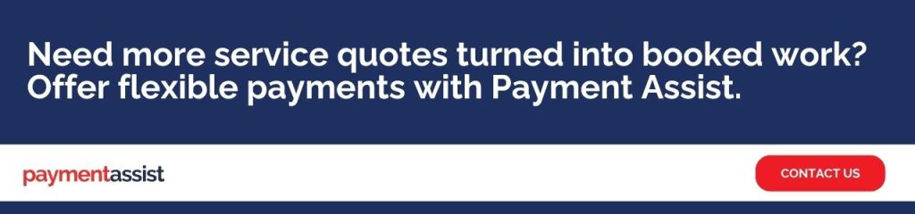 Need more service quotes turned into booked work? Offer flexible payments with Payment Assist: Navy banner encouraging garages to offer flexible payments through Payment Assist, with a Contact Us button.